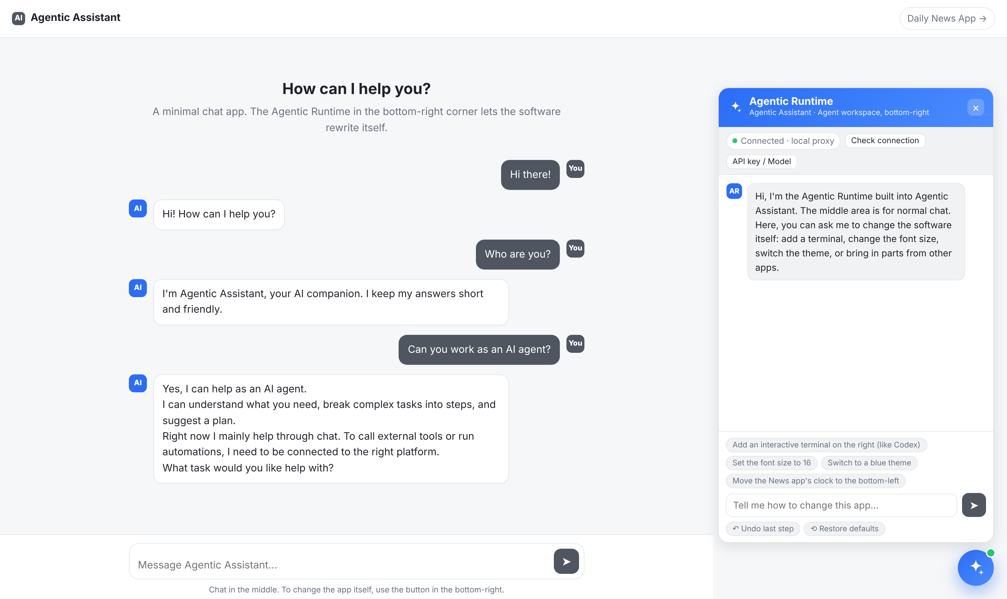 Screenshot of the demo app Agentic Assistant: a normal chat in the middle, and an Agentic Runtime panel in the bottom-right corner where the user can ask the agent to change the software itself, with suggestions such as adding a terminal, setting the font size, or switching the theme.